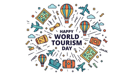 World Tourism Day illustration with planes, balloons, and suitcases.
