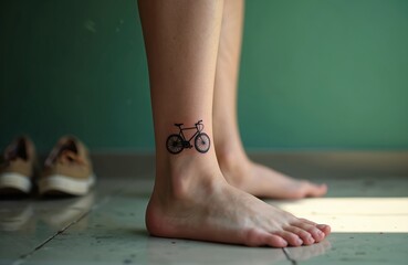 Woman leg with a minimalist bicycle tattoo on the ankle. This small black ink is a modern symbol of freedom travel and active lifestyle. Simple body art for self expression.