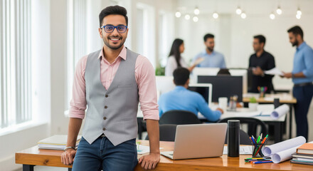 Young indian male corporate employee standing confidently