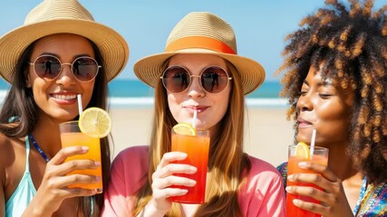 Coastal Cheers: Three stylish friends in sun hats sip refreshing cocktails on a sun-kissed beach, enjoying a perfect summer day with joy and relaxation. - Powered by Adobe