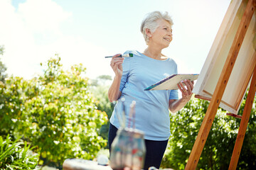 Painting, canvas and smile with old woman in nature for creative project, inspiration and garden drawing. Retirement, artist and easel with senior person outdoor for botanical artwork and low angle