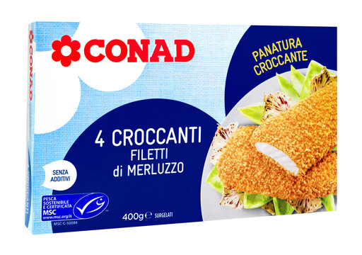 Conad Croccanti Filetti di Merluzzo packaging, showing crispy breaded cod fillets, MSC sustainability label, product details, and frozen food box design.