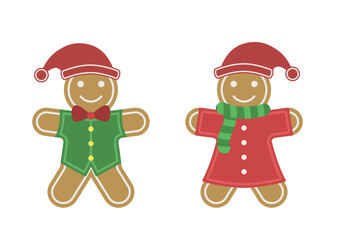 Cute Gingerbread Couple in Santa Hats Vector Illustration. Cartoon Cookie Characters with Festive Outfits. Merry Christmas Holiday Treats and Love.