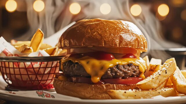 A classic burger and golden fries are presented in a warm hero shot on a wooden board, highlighting texture and appetizing detail