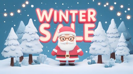 Santa Claus announces Winter Sale amidst snowy trees, perfect festive promotion for your business and spreading holiday cheer with charming character