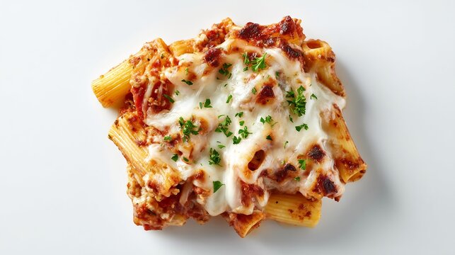 Overhead image of Italian pasta al forno baked rigatoni marinara sauce mozzarella and Parmesan displayed on a pure white background for clean culinary photography