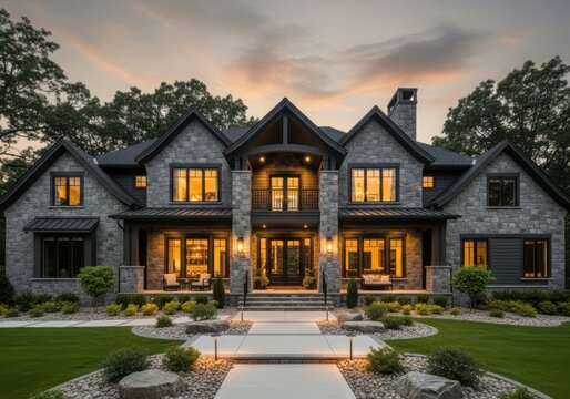 Luxury stone mansion exterior at dusk isolated on white background