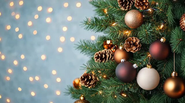 Christmas Tree with Ornaments: a festive christmas tree, adorned with shimmering ornaments, creating a warm and inviting atmosphere.