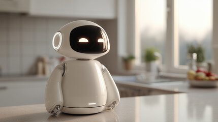 Friendly Home Assistant Robot in Modern Kitchen Providing Smart Help and Family Convenience Everyday Support