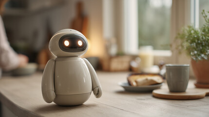 Friendly Home Assistant Robot in a Bright Kitchen Helping During Morning Routine