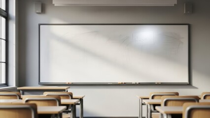 Empty classroom with sunlit whiteboard and wooden desks