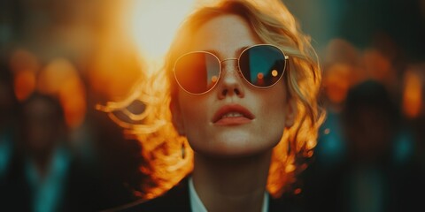 Confident businesswoman strides through a bustling city, exuding poise and determination amid the fast-paced urban environment