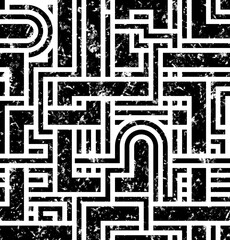 SEAMLESS WHITE BACKGROUND WITH BLACK ABSTRACT GEOMETRIC MAZE PATTERN IN GRUNGE STYLE