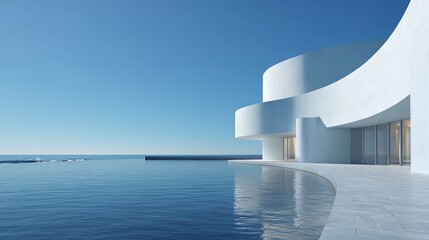 A white building with curved walls on the sea, a 3D render