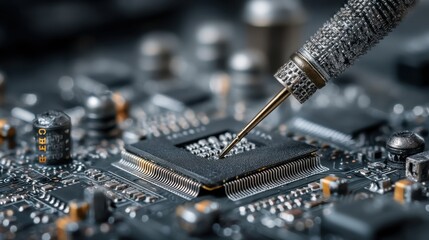 Female-led tech innovation Close-up of a technician working on a computer chip circuit.