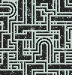LIGHT MINT GREEN SEAMLESS BACKGROUND WITH DARK GREY ABSTRACT GEOMETRIC MAZE PATTERN IN GRUNGE STYLE