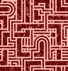 LIGHT PINK SEAMLESS BACKGROUND WITH RED BURGUNDY ABSTRACT GEOMETRIC MAZE PATTERN IN GRUNGE STYLE