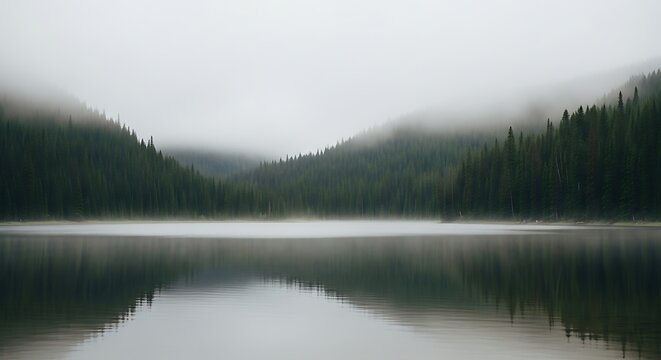 Serene Lake Reflection - Misty Mountains and Tranquil Waterscape.
