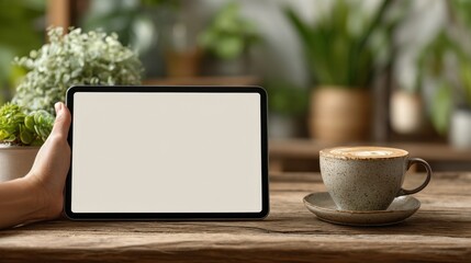 Female-led tech innovation Tablet on a wooden table beside a coffee cup and plants.