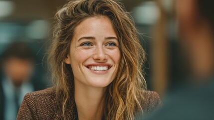 Obraz premium Female-led tech innovation Smiling woman with wavy hair in a professional setting.