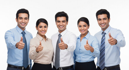 A diverse team of young Indian business professionals stands together giving thumbs up, symbolizing confidence, success, and strong teamwork.