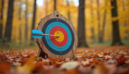 Archery target made of wood in vibrant autumn forest. Blue arrow perfectly hits bullseye. Fallen yellow, orange leaves cover forest floor. Scene highlights seasonal outdoor sport, precision skill,