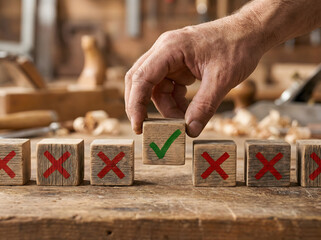 correct decision concept with green check mark among crosses