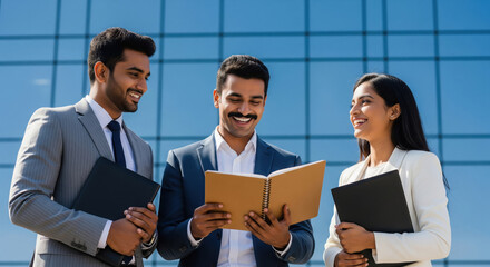 Three young Indian business professionals stand outside office building, reviewing notes together and collaborating on a project.