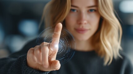Female-led tech innovation A woman interacts with a digital interface using her fingertip.
