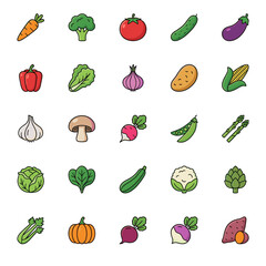Large set of common and diverse vegetable icons, featuring carrots, broccoli, tomatoes, and various greens in a healthy flat design style.