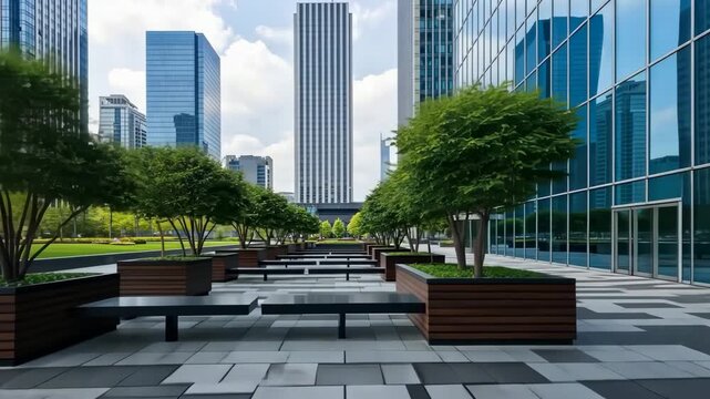 Urban Oasis: A serene view unfolds in a modern cityscape, showcasing rows of trees and benches offering respite amidst towering structures of glass and steel.