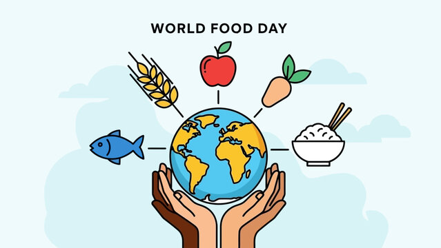 World Food Day illustration with earth, hands, and various food items.