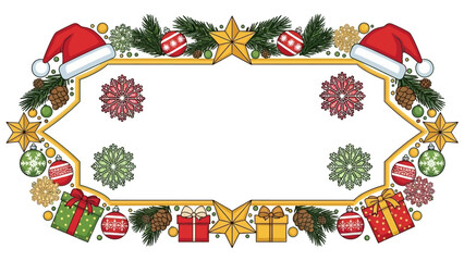 Christmas holiday frame border illustration with Santa, gifts, and fir tree branches decoration