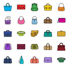 Flat Line Vector Icons Showcasing Diverse Fashion Bags, Luggage, and Clutches for Retail and Accessory Designs.
