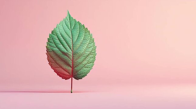 A vibrant green and red leaf stands upright against a soft pink background, showcasing nature's unique color contrast in a minimalist studio setting.