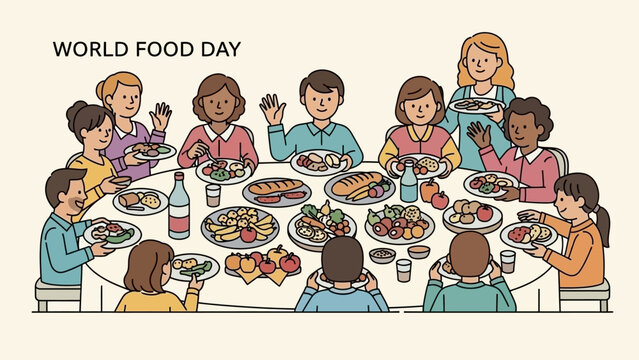 Illustration of people around a table with food for World Food Day. - Powered by Adobe
