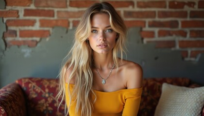 Naklejka premium Blonde woman with blue eyes sits on couch. Yellow off shoulder top, silver necklace. Brick wall background. Indoor portrait of attractive young female.