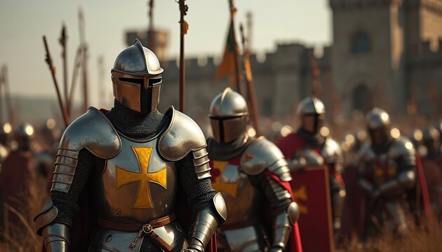 Army of crusader knights in metal armor marching. Medieval soldiers ready for battle with castle. Knights wear helmet, sword and shield. War and history theme. Medieval army. - Powered by Adobe