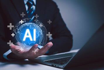 Glowing AI interface icon for business professionals with futuristic digital elements, representing innovation, machine learning, technology solutions, automation, modern data applications.