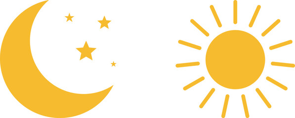Simple yellow sun and crescent moon with stars illustration