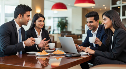 Four young Indian professionals enjoy coffee and croissants while discussing work around a laptop in a modern caf&eacute;-style meeting space.