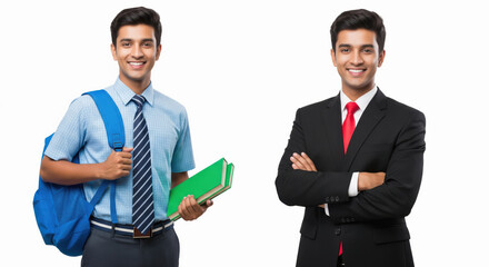 A young Indian man is shown in two stages of life first as a smiling student with backpack and books, and then as a confident professional in a business suit