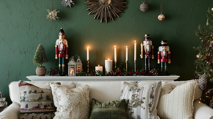 Festive Christmas Mantel Decor With Nutcrackers, Candles, And Cozy Green Sofa Setting