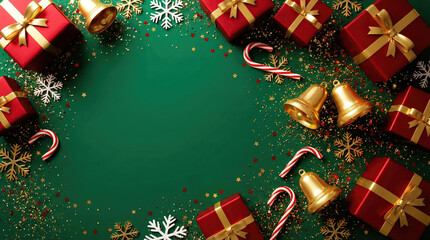 Emerald green New Year background filled with red gifts, golden bells empty center space for text