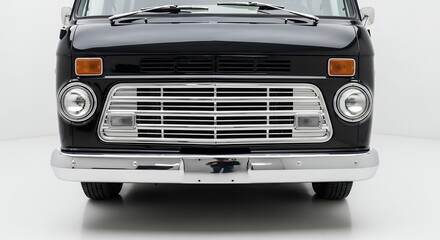 Classic black van front view isolated on white background for advertising