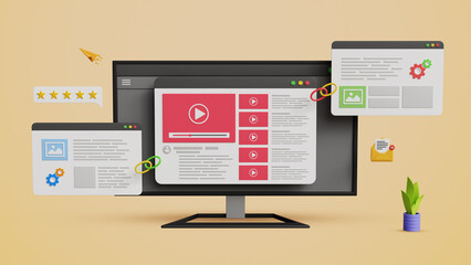 Video Content Backlink Building, Leading Links, Organic Growth Strategy, Backlink SEO, Website Advertising, improving Search Engine Visibility. 3D Computer with Website Page Linked to Other Sites