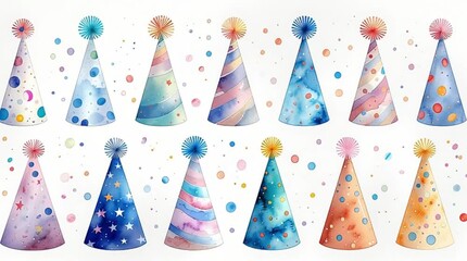 A vibrant and whimsical array of watercolor party hats in various colors and patterns, set against a cheerful background with scattered confetti, perfect for celebrations and festive designs.