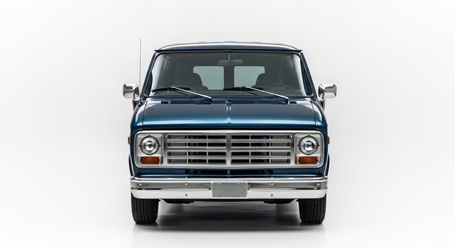 Classic blue van isolated front view on white background