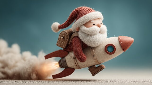 Cute Santa Claus Riding a Small Cartoon Rocket with Smoke Trail in Whimsical Holiday Scene Symbolizing Christmas Magic Speed and Festive Fun