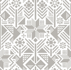 WHITE SEAMLESS VECTOR ABSTRACT GEOMETRIC BACKGROUND WITH BEIGE STYLIZED PATCHWORK BIRDS AND FLOWERS